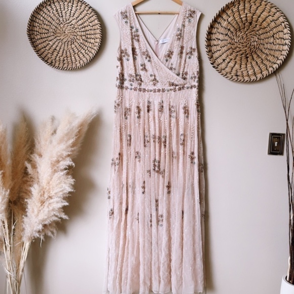 NWT Mac Duggal 93575 Embellished Wrap Over Cap Sleeve A-Line Gown Blush Size 18 - Picture 12 of 16